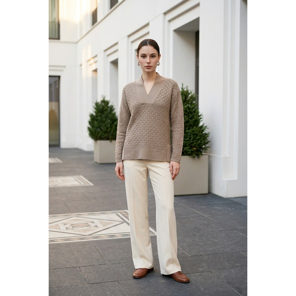 Andrea Jovine Vintage Pure Wool Basketweave Sweater Taupe XL Quiet Luxury Earthy